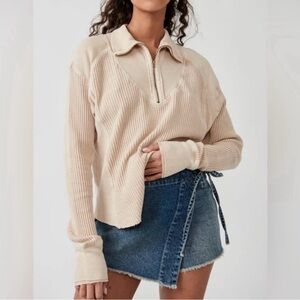 Free People Women's Cream 3/4  Zip-Up Sweater Top Waffle Knit